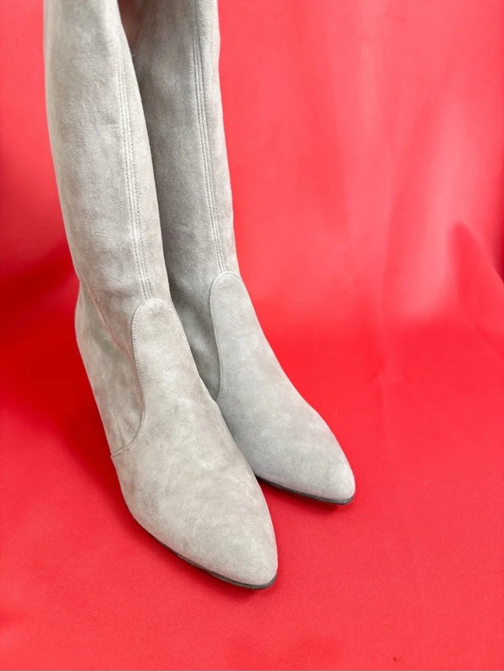 US 10.5 Spain Stuart Weitzman Boots Over Knee Suede Heel Almond Toe Light Grey